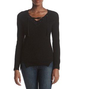 Ruff Hewn Lace up Pullover Sweater  Size Large Black V Neck NWT